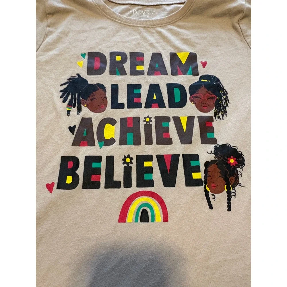 (A4) The Childrens Place Girls XL 14 Dream Lead Achieve Believe Graphic Tee Tan